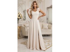 model 22067486 Elegantní večerní maxi šaty s&nbsp;rozparkem a&nbsp;růžemi béžové - numoco