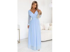 model 22175033 Dlouhé maxi šaty s tylovými rukávy a obálkovým výstřihem modré - numoco basic