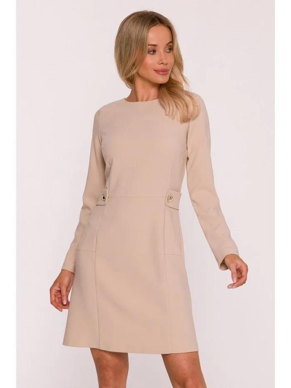 Dámské šaty s ozdobnými knoflíky v pase model 22594415 béžové - STYLOVE