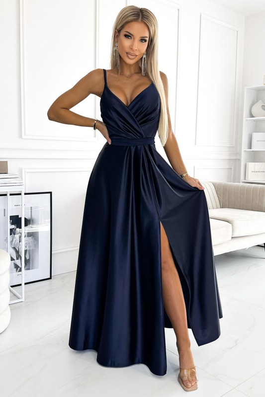 JULIET - Elegantní tmavě modré dlouhé dámské saténové šaty s výstřihem 512-2 - Dámské saka