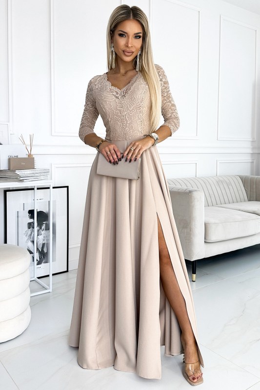 Elegantní béžové krajkové dlouhé dámské šaty s výstřihem a rozparkem na model 19314039 - numoco - Dámské saka