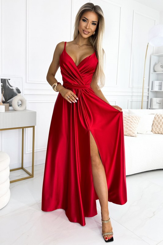 JULIET - Elegantní dlouhé červené saténové dámské šaty s výstřihem a rozparkem na noze 512-5 - Dámské saka