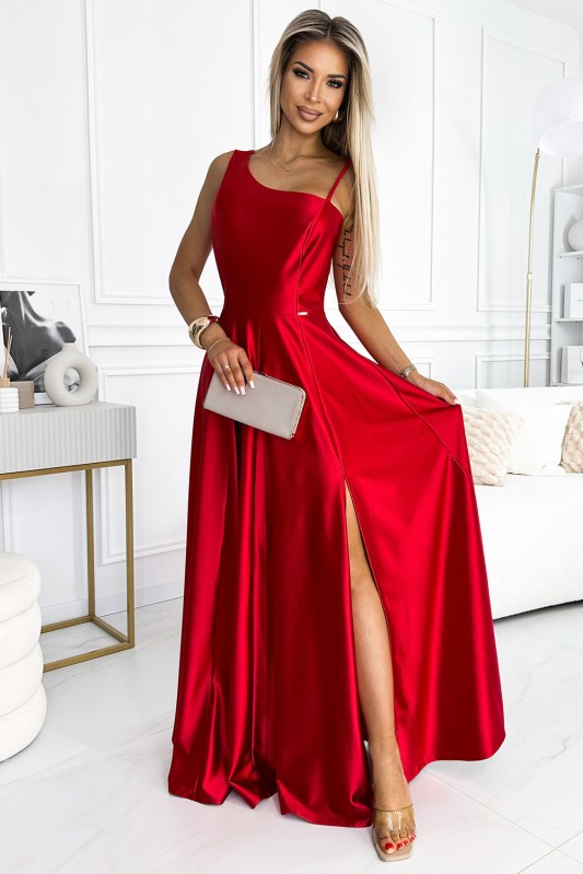 Elegantní dlouhé červené dámské saténové šaty přes jedno rameno 524-1 - Dámské saka