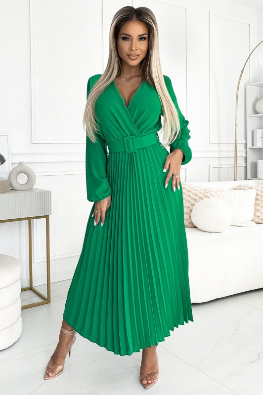 VIVIANA - Světle zelené dámské plisované midi šaty s výstřihem, dlouhými rukávy a se širokým opaskem 504-4 - Dámské saka