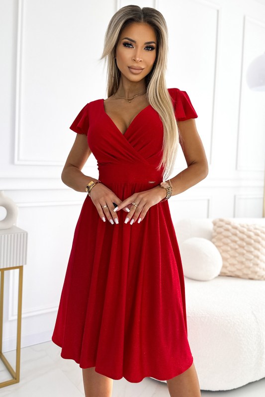 Červené dámské šaty s výstřihem a krátkými rukávy model 19735866 - numoco - Dámské saka
