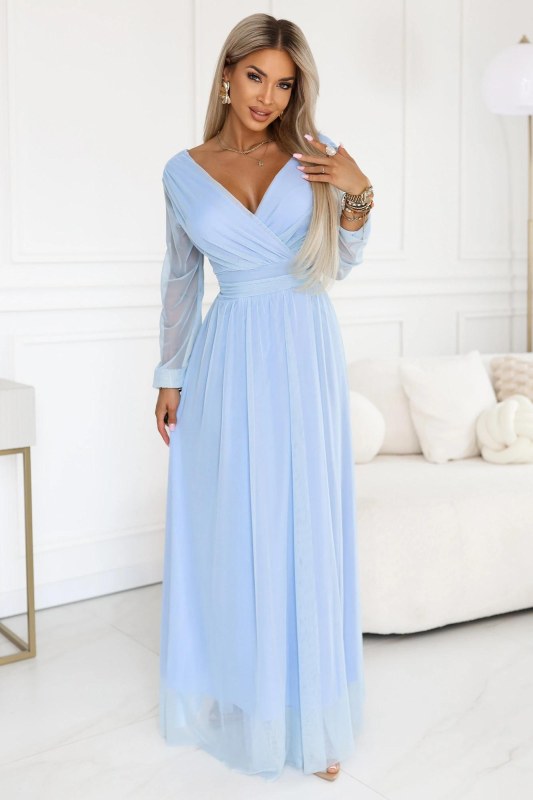 model 22175033 Dlouhé maxi šaty s tylovými rukávy a obálkovým výstřihem modré - numoco basic