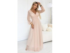 model 22175035 Dlouhé maxi šaty s tylovými rukávy a obálkovým výstřihem broskvová barva - numoco basic