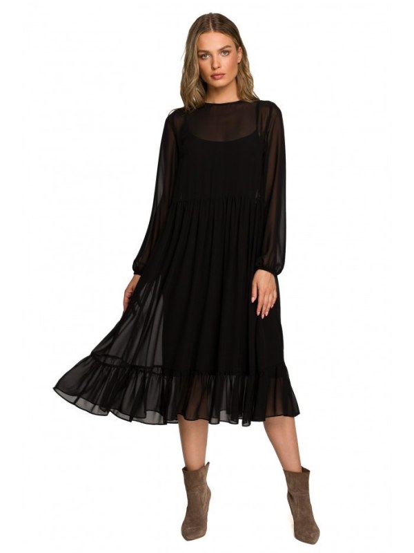 Šifonové šaty s volánem černé model 18140445 - STYLOVE - Doplňky čepice, rukavice a šály