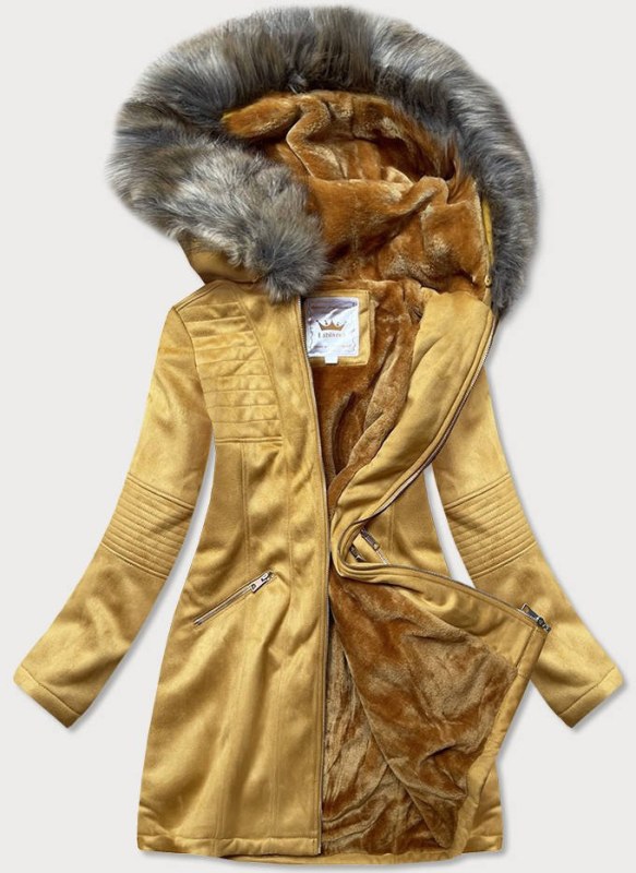 Dámská zimní semišová bunda s kapucí (6516) hořčicová - Libland - Doplňky čepice, rukavice a šály