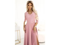 Dámské dlouhé krajkové šaty model 22074821 AMBER pudrově růžové - numoco 1