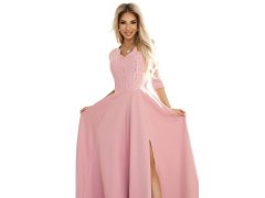 Dámské dlouhé krajkové šaty model 22074821 AMBER pudrově růžové - numoco 2