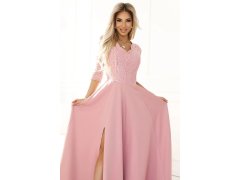 Dámské dlouhé krajkové šaty model 22074821 AMBER pudrově růžové - numoco 5