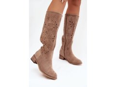 Ažurové kozačky na klínu model 22089635 béžové Seastar - SWEET SHOES 2