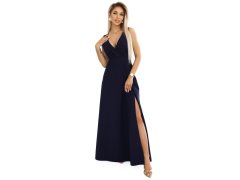 elegantní maxi šaty s obálkovým výstřihem a rozparkem na nohou tmavě modré model 21427379 - numoco 1