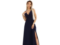 elegantní maxi šaty s obálkovým výstřihem a rozparkem na nohou tmavě modré model 21427379 - numoco 2