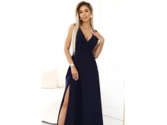 elegantní maxi šaty s obálkovým výstřihem a rozparkem na nohou tmavě modré model 21427379 - numoco 4