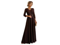 model 21785337 AMBER elegantní dlouhé krajkové šaty s&nbsp;výstřihem čokoládové - numoco 2