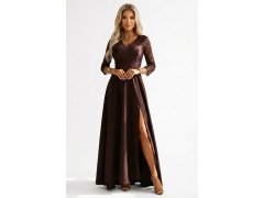 model 21785337 AMBER elegantní dlouhé krajkové šaty s&nbsp;výstřihem čokoládové - numoco 3