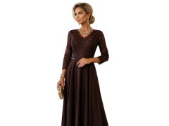 model 21785337 AMBER elegantní dlouhé krajkové šaty s&nbsp;výstřihem čokoládové - numoco 4