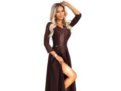 model 21785337 AMBER elegantní dlouhé krajkové šaty s&nbsp;výstřihem čokoládové - numoco 5