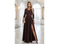 model 21785337 AMBER elegantní dlouhé krajkové šaty s&nbsp;výstřihem čokoládové - numoco 7