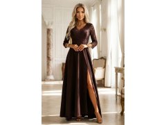 model 21785337 AMBER elegantní dlouhé krajkové šaty s&nbsp;výstřihem čokoládové - numoco 8