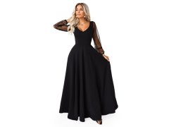 LORETTA dlouhé šaty s tylovými rukávy a výstřihem černé model 21791763 - numoco 1