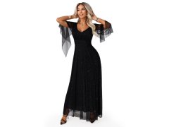 Dlouhé lehké třpytivé šaty s&nbsp;výstřihem a&nbsp;rukávy černé model 21802210 - numoco basic 1