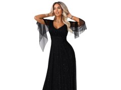 Dlouhé lehké třpytivé šaty s&nbsp;výstřihem a&nbsp;rukávy černé model 21802210 - numoco basic 2