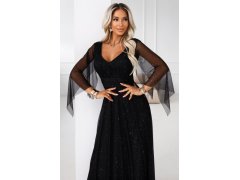 Dlouhé lehké třpytivé šaty s&nbsp;výstřihem a&nbsp;rukávy černé model 21802210 - numoco basic 6