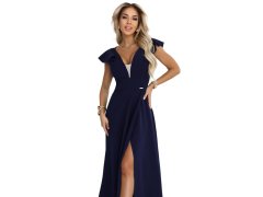 Elegantní maxi šaty s hlubokým výstřihem a rozparkem na nohou tmavě modré model 21861000 - numoco 2