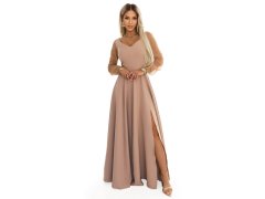 LORETTA dlouhé šaty s tylovými rukávy a výstřihem béžové model 22043337 - numoco 1