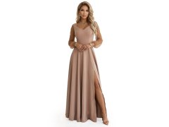 LORETTA dlouhé šaty s tylovými rukávy a výstřihem béžové model 22043337 - numoco 3