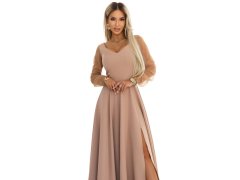 LORETTA dlouhé šaty s tylovými rukávy a výstřihem béžové model 22043337 - numoco 4