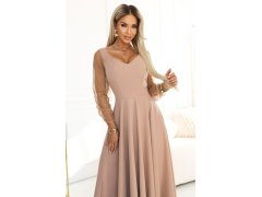 LORETTA dlouhé šaty s tylovými rukávy a výstřihem béžové model 22043337 - numoco 5