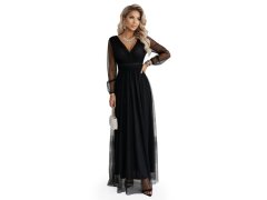 model 22045481 Dlouhé maxi šaty s tylovými rukávy a obálkovým výstřihem černé - numoco basic 3