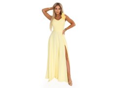 Elegantní večerní maxi šaty s rozparkem a růžemi žluté model 22141510 - numoco 1