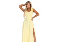 Elegantní večerní maxi šaty s rozparkem a růžemi žluté model 22141510 - numoco 3