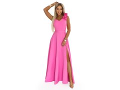 model 22141517 Elegantní večerní maxi šaty s rozparkem a růžemi cukrově růžové - numoco 1