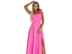 model 22141517 Elegantní večerní maxi šaty s rozparkem a růžemi cukrově růžové - numoco 3