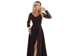 LORETTA – dlouhé šaty s&nbsp;tylovými rukávy a&nbsp;výstřihem – hnědé model 22547634 - numoco 4